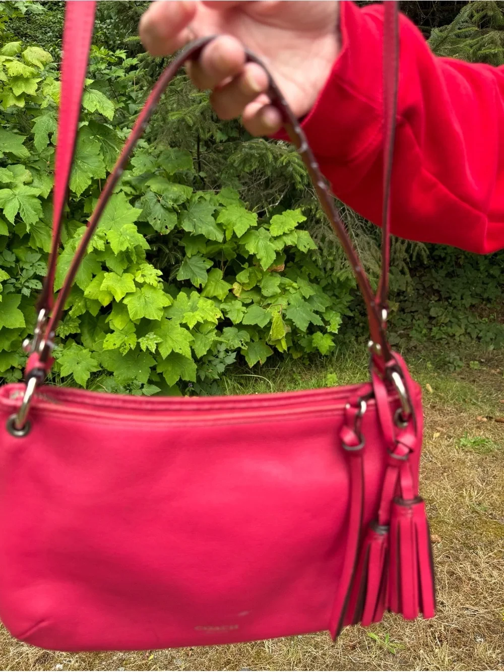 Coach small Pink Leather Shoulder Bag/crossbody with Tassels 11”x7” see pictures